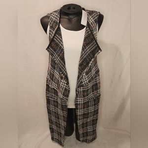 NWT BCBGeneration Black White Multicolor Plaid Longline Sleeveless Open Vest XS